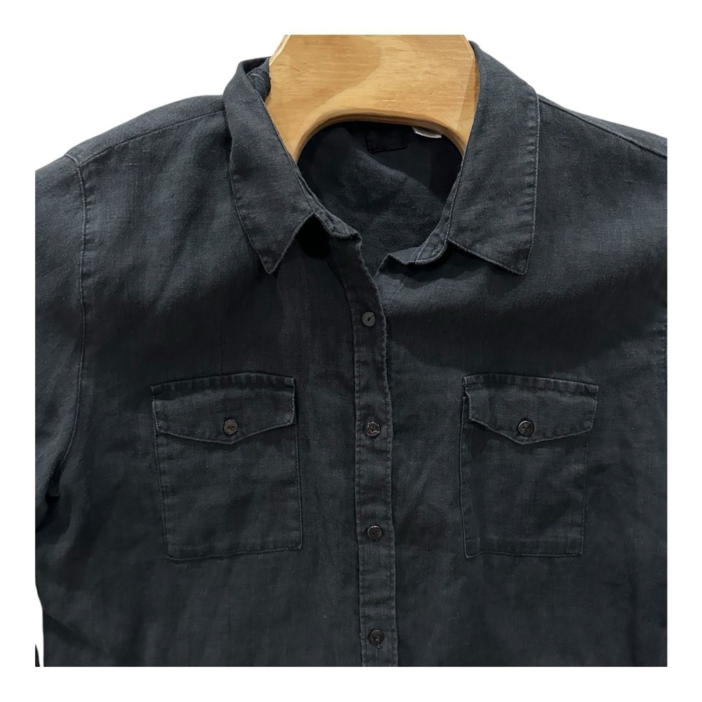 Lino by Chico's 3 Black 100% Linen Casual Minimalist Button-up Top XL Resortwear